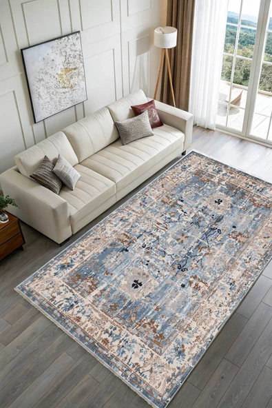 Pastel Home Bej Mavi Tasarım Şönil Halı Kilim Yolluk Kaymaz Yıkanabilir Saçaklı Oturma Odası Mutfak Koridor - 2