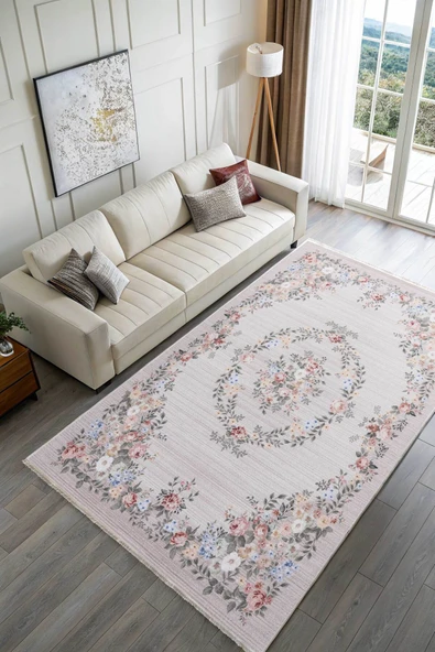 Pastel Home Eskitme çiçekli bej krem şönil halı kendinden saçaklı yıkanabilir salon mutfak koridor kaymaz taban - Resim 2