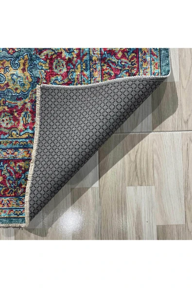 Pastel Home Vintage Yeşil Şönil Halı Kilim Yolluk Kaymaz Yıkabanilir Saçaklı Salon Mutfak Koridor - 3