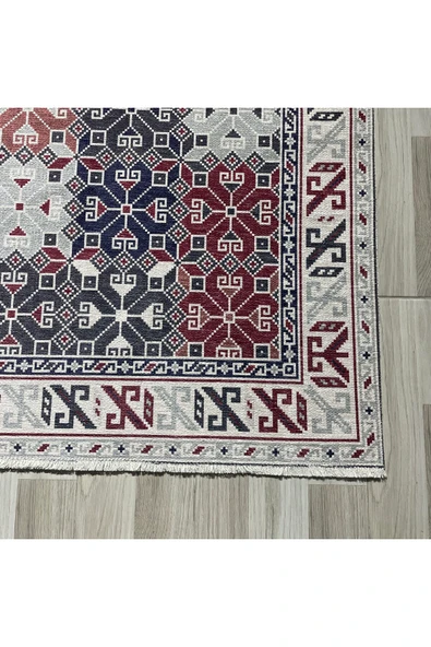 Pastel Home Ekru Bordo Antrasit Etnik Şönil Halı Kilim Yolluk Kaymaz Yıkanabilir Oturma Odası Mutfak Koridor - 2