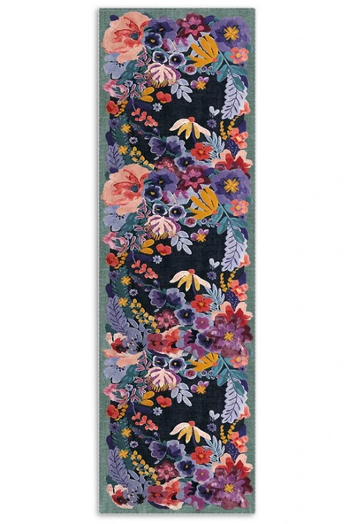 Pastel Home Kaşmir doku yumuşak kaymaz pamuk taban oturma odası salon mutfak koridor lacivert yeşil çiçekli halı - 4