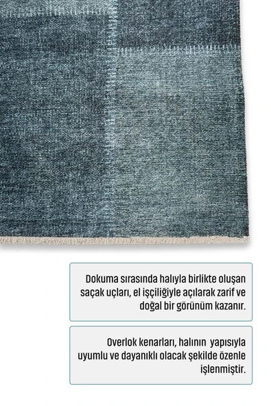 Pastel Home Mavi Denim Patchwork Tasarım Şönil Halı Kilim Yolluk Kaymaz Saçaklı Yıkanabilir Genç Odası Mutfak - 3