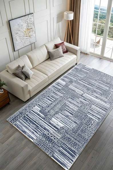 Pastel Home Kaşmir doku yumuşak kaymaz pamuk taban oturma odası salon mutfak koridor mavi lacivert halı kilim - Resim 2