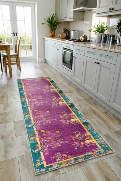 Pastel Home Kaşmir doku yumuşak kaymaz pamuk taban oturma odası salon mutfak koridor çiçekli mor yeşil halı - 5