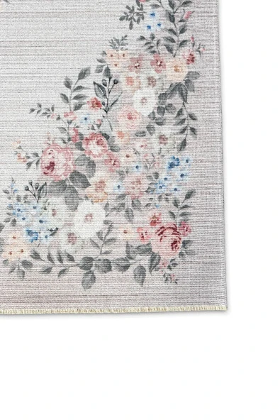 Pastel Home Eskitme çiçekli bej krem şönil halı kendinden saçaklı yıkanabilir salon mutfak koridor kaymaz taban - Resim 3