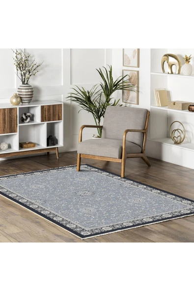 Pastel Home Açık Mavi Klasik Şönil Halı Kilim Yolluk Yıkanabilir Kaymaz Saçaklı - Resim 5