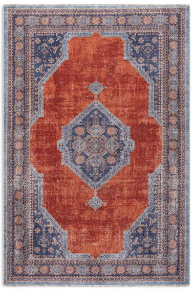 Pastel Home Kendinden saçaklı eskitme mavi turuncu kiremit şönil halı kilim yolluk klasik kaymaz yıkanabilir ürün görseli 1