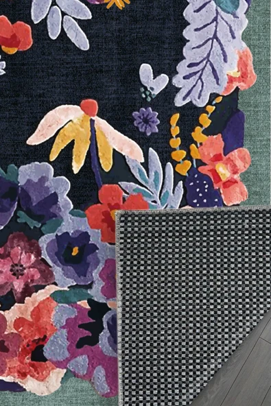 Pastel Home Kaşmir doku yumuşak kaymaz pamuk taban oturma odası salon mutfak koridor lacivert yeşil çiçekli halı - 3