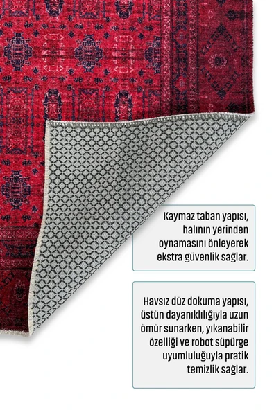 Pastel Home Tasarım Bordo Kırmızı Afgan Türkmen Şönil Halı Kilim Yolluk Kaymaz Yıkanabilir Salon Mutfak Koridor - Resim 4