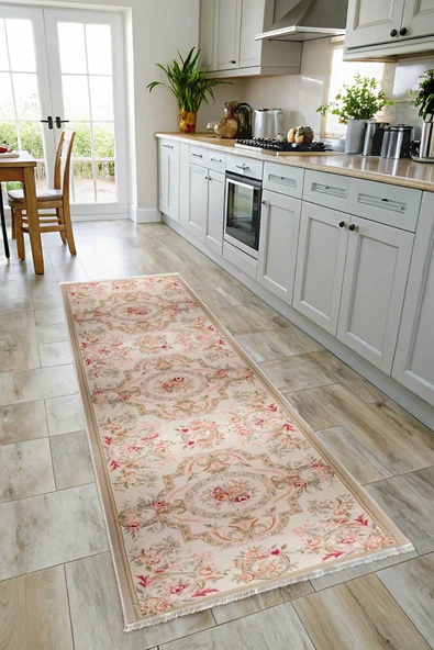 Pastel Home Tasarım Bej Klasik Çiçekli Şönil Halı Kilim Yolluk Kaymaz Saçaklı Yıkanabilir Salon Mutfak Koridor - Resim 6