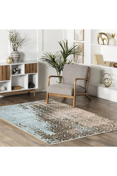 Pastel Home Vintage Dokunuşlu Modern Şönil Halı Kilim Yolluk Kahve Bej Açık Mavi Kaymaz Yıkanabilir Saçaklı - Resim 5