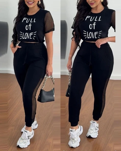 Kadın Kısa Kollu Bisiklet Yaka File Detaylı Viskon Iki Iplik Krop Ve Eşofman Altı Ikili Takım ürün görseli 1