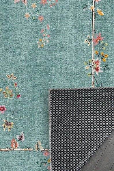 Pastel Home Kaşmir doku yumuşak kaymaz pamuk taban oturma odası salon mutfak koridor çiçekli yeşil halı kilim - Resim 3