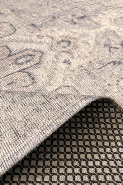 Pastel Home Eskitme gri bej şönil halı kilim yolluk kendinden saçaklı madalyon desen yıkanabilir kaymaz taban - Resim 3