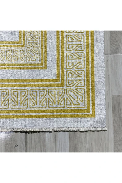 Pastel Home Altın Sarısı Çerçeveli Gri Şönil Halı Yolluk Kilim Salon Koridor Mutfak Kaymaz Yıkanabilir - 2