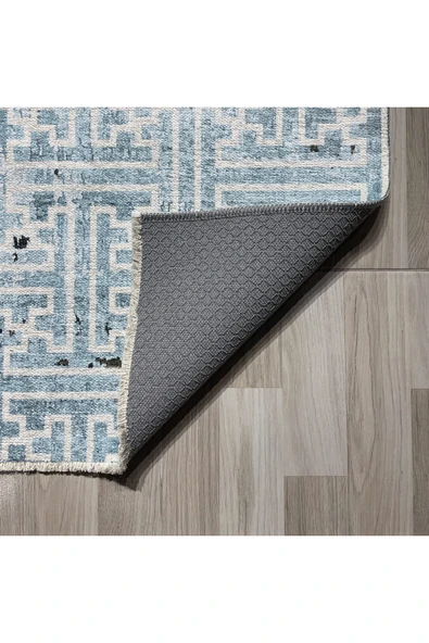 Pastel Home Vintage Dokunuşlu Modern Şönil Halı Kilim Yolluk Kahve Bej Açık Mavi Kaymaz Yıkanabilir Saçaklı - Resim 3