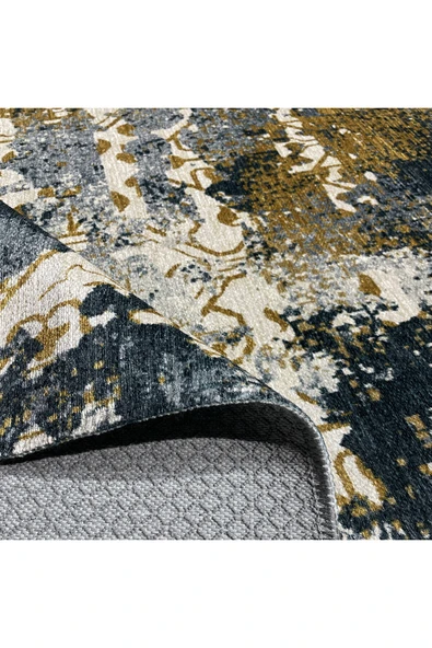 Pastel Home Gri Antrasit Hardal Şönil Halı Kilim Yolluk Saçaklı Kaymaz Yıkanabilir Mutfak Salon Koridor - Resim 4