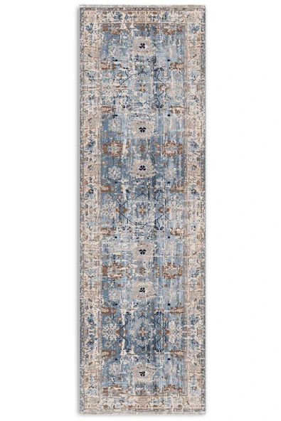 Pastel Home Bej Mavi Tasarım Şönil Halı Kilim Yolluk Kaymaz Yıkanabilir Saçaklı Oturma Odası Mutfak Koridor - 6