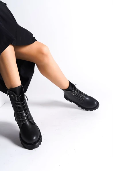 New Pamela Bağcıklı Fermuarlı Simli İp Kadın Siyah Deri Bot - Resim 3