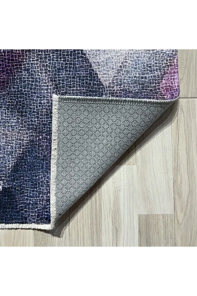 Pastel Home Geometrik Mor Pembe Şönil Halı Kilim Yolluk Yıkanabilir Kaymaz Salon Mutfak Oturma Odası Koridor - 3