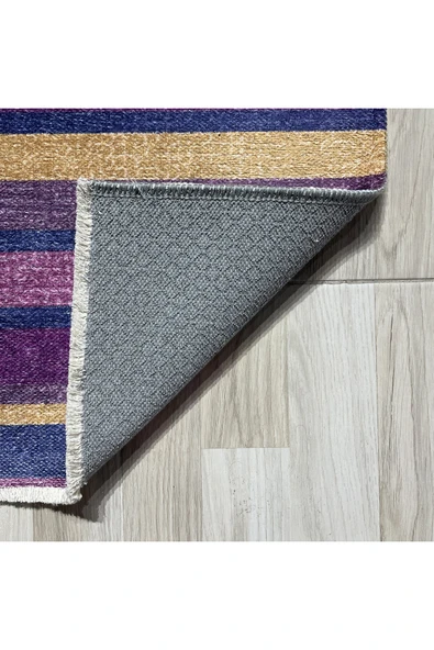 Pastel Home Eskitme Mor Hardal Renkli Şönil Halı Kilim Yolluk Yıkanabilir Kaymaz Saçaklı - 3