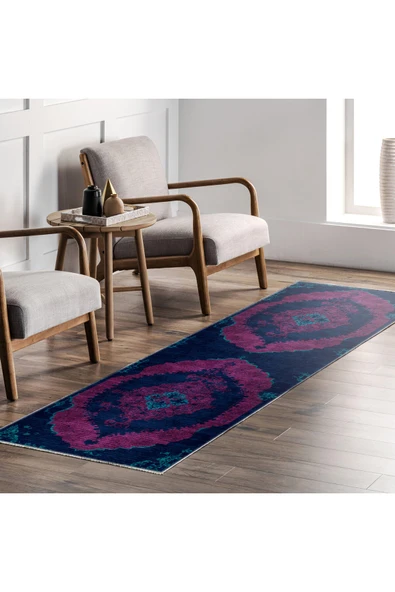 Pastel Home Modern Vintage Fuşya Lacivert Şönil Halı Kilim Yolluk Kaymaz Pamuk Taban Yıkanabilir Saçaklı - Resim 7
