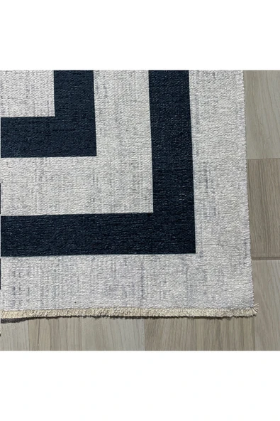 Pastel Home Siyah Çerçeveli Gri Şönil Halı Yolluk Kilim Salon Koridor Mutfak Kaymaz Yıkanabilir - Resim 2