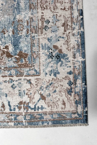Pastel Home Bej Mavi Tasarım Şönil Halı Kilim Yolluk Kaymaz Yıkanabilir Saçaklı Oturma Odası Mutfak Koridor - 3