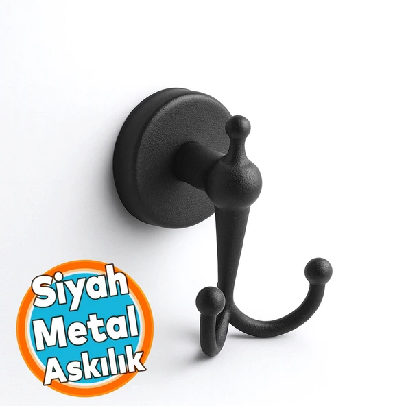 İkili Askılık Vidalı Paslanmaz Metal Duvar Askısı Banyo ve Mutfak İçin Mat Siyah ürün görseli 1