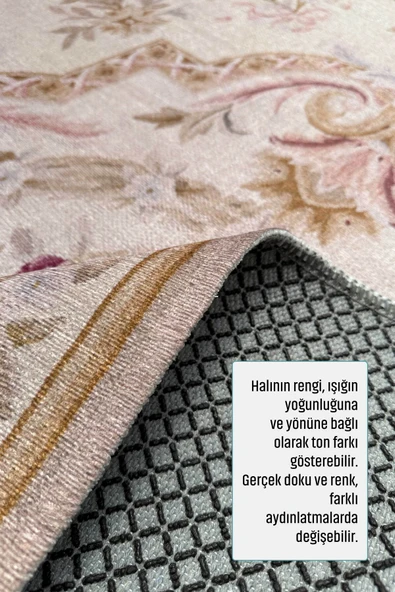 Pastel Home Tasarım Bej Klasik Çiçekli Şönil Halı Kilim Yolluk Kaymaz Saçaklı Yıkanabilir Salon Mutfak Koridor - Resim 5