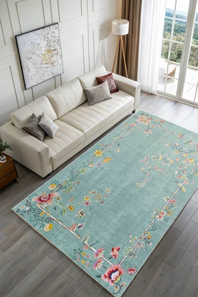 Pastel Home Kaşmir doku yumuşak kaymaz pamuk taban oturma odası salon mutfak koridor çiçekli yeşil halı kilim - Resim 2