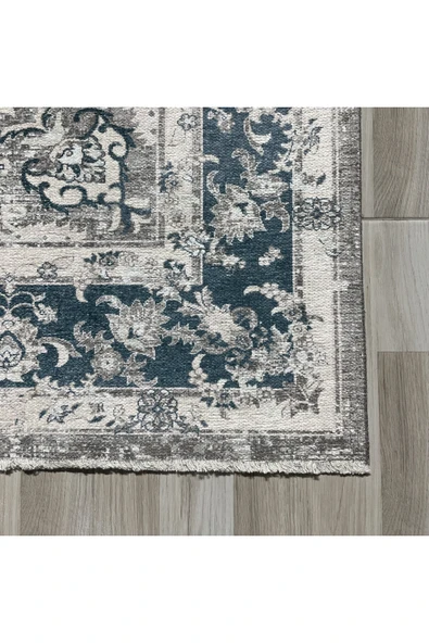 Pastel Home Bej Füme Klasik Desenli Vintage Şönil Halı Kilim Yolluk Kaymaz Yıkanabilir Saçaklı - 2