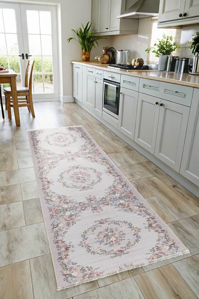 Pastel Home Eskitme çiçekli bej krem şönil halı kendinden saçaklı yıkanabilir salon mutfak koridor kaymaz taban - Resim 5
