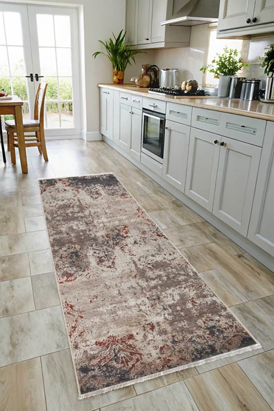 Pastel Home Tasarım Bej Gri Şönil Halı Kilim Yolluk Kaymaz Saçaklı Yıkanabilir Salon Mutfak Koridor Yatak Odası - Resim 6