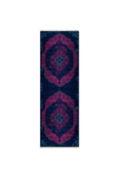 Pastel Home Modern Vintage Fuşya Lacivert Şönil Halı Kilim Yolluk Kaymaz Pamuk Taban Yıkanabilir Saçaklı - Resim 6