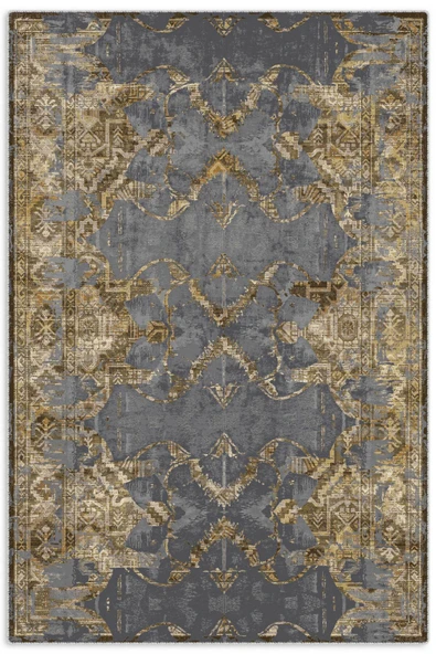 Pastel Home Antrasit Eskitme Desenli Şönil Halı Kilim Yolluk Kaymaz Taban Yıkanabilir Kendinden Saçaklı