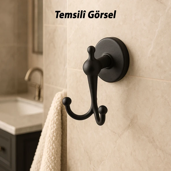 İkili Askılık Vidalı Paslanmaz Metal Duvar Askısı Banyo ve Mutfak İçin Mat Siyah - Resim 4