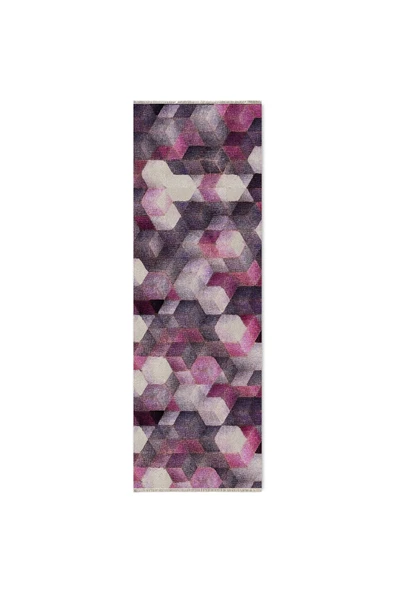 Pastel Home Geometrik Mor Pembe Şönil Halı Kilim Yolluk Yıkanabilir Kaymaz Salon Mutfak Oturma Odası Koridor - 5