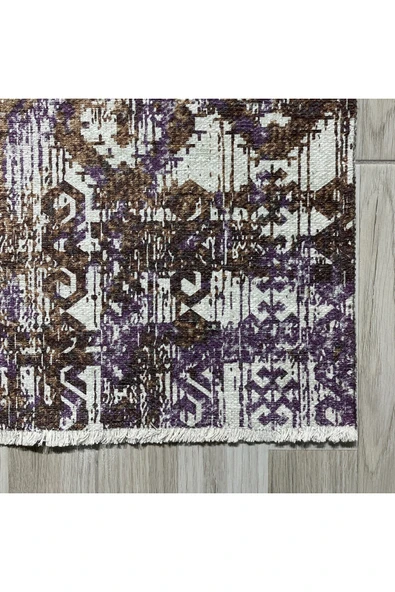 Pastel Home Bohem Etnik Desenli Mor Kahve Şönil Halı Kilim Yolluk Kaymaz Yıkanabilir Saçaklı - 2