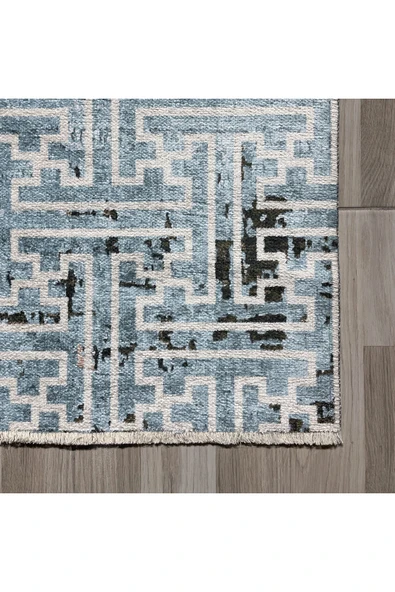 Pastel Home Vintage Dokunuşlu Modern Şönil Halı Kilim Yolluk Kahve Bej Açık Mavi Kaymaz Yıkanabilir Saçaklı - Resim 2