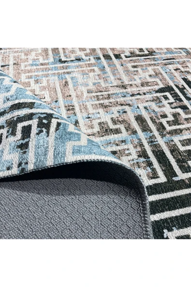 Pastel Home Vintage Dokunuşlu Modern Şönil Halı Kilim Yolluk Kahve Bej Açık Mavi Kaymaz Yıkanabilir Saçaklı - Resim 4