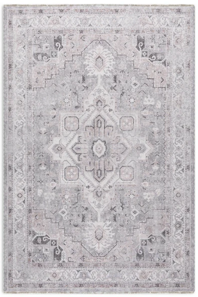 Pastel Home Eskitme gri bej şönil halı kilim yolluk kendinden saçaklı madalyon desen yıkanabilir kaymaz taban ürün görseli 1