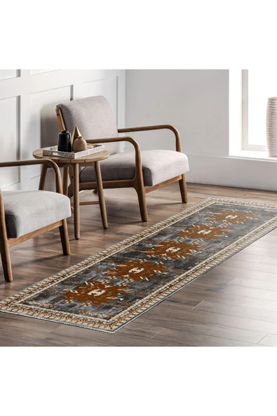 Pastel Home Antrasit Gri Kahve Şönil Halı Kilim Yolluk Kaymaz Yıkanabilir Saçaklı Koridor Antre Mutfak Salon - 7