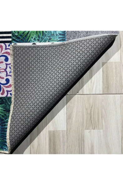 Pastel Home Gri Yeşil Çiçekli Patchwork Şönil Halı Kilim Yolluk Kaymaz Yıkanabilir Mutfak Koridor Oturma Odası - 3