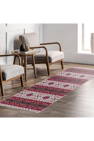 Pastel Home Etnik Desenli Pembe Bej Çok Renkli Şönil Halı Kilim Yolluk Kaymaz Yıkanabilir Mutfak Koridor Salon - 7
