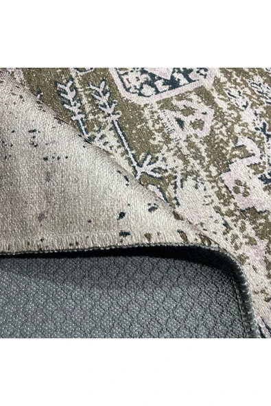 Pastel Home Etnik Desenli Yeşil Şönil Halı Kilim Yolluk Kaymaz Saçaklı Yıkanabilir Oturma Odası Mutfak Koridor - 4