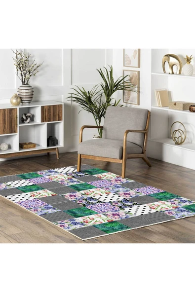 Pastel Home Gri Yeşil Çiçekli Patchwork Şönil Halı Kilim Yolluk Kaymaz Yıkanabilir Mutfak Koridor Oturma Odası - 5