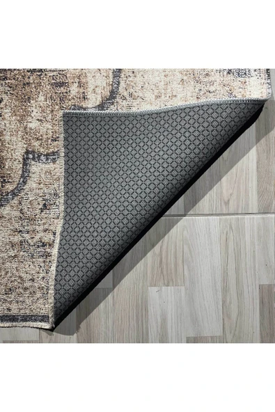 Pastel Home Bej Kahve Vintage Şönil Halı Kilim Yolluk Kaymaz Yıkanabilir Saçaklı Oturma Odası Koridor Mutfak - 3