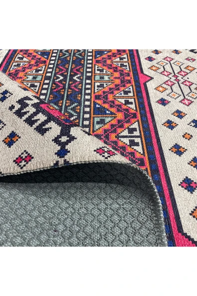 Pastel Home Etnik Desenli Pembe Bej Çok Renkli Şönil Halı Kilim Yolluk Kaymaz Yıkanabilir Mutfak Koridor Salon - 4