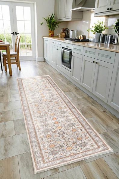 Pastel Home Eskitme bej krem turuncu şönil halı kilim yolluk yıkanabilir kaymaz taban salon mutfak koridor saçak - Resim 6